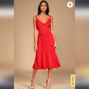 Lulu's Never a Dull Moment Bright Red Tie-Strap Pleated Midi Dress NWT Size S